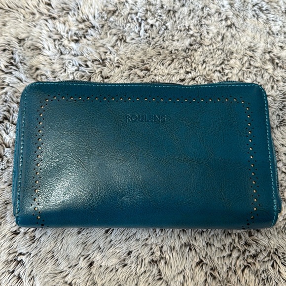 NWOT Roulens Dark Teal Exterior Brown Interior Zipper Wallet‎ Faux Leather Wide - Picture 1 of 10